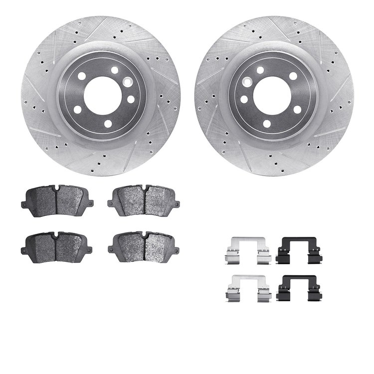 7512-11038 Drilled/Slotted Brake Rotors w/5000 Advanced Brake Pads Kit & Hardware [Silver], Fits Select Land Rover, Position: Re