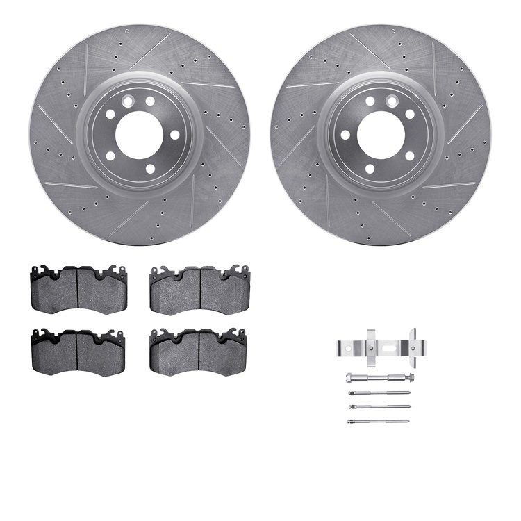 7512-11040 Drilled/Slotted Brake Rotors w/5000 Advanced Brake Pads Kit & Hardware [Silver], Fits Select Land Rover, Position: Fr
