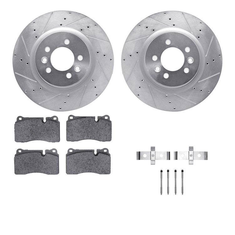 7512-11091 Drilled/Slotted Brake Rotors w/5000 Advanced Brake Pads Kit & Hardware [Silver], 2006-2009 Land Rover, Position: Fron