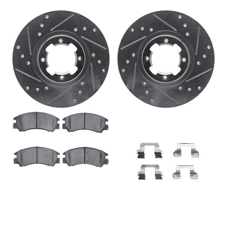 7512-13000 Drilled/Slotted Brake Rotors w/5000 Advanced Brake Pads Kit & Hardware [Silver], 1985-1994 Subaru, Position: Front