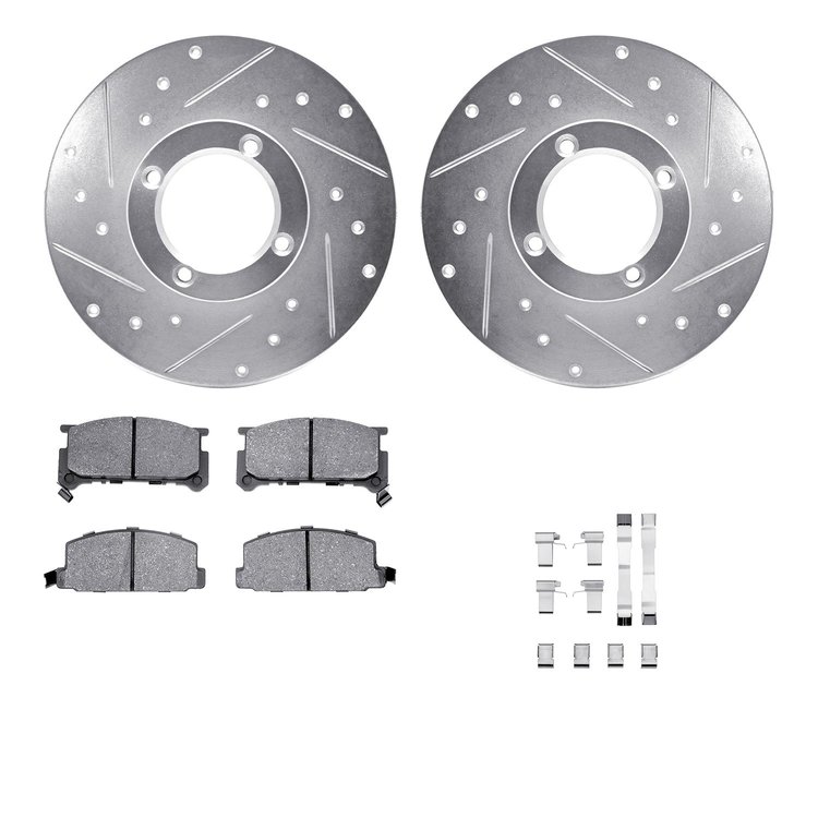 7512-13003 Drilled/Slotted Brake Rotors w/5000 Advanced Brake Pads Kit & Hardware [Silver], 1980-1983 Subaru, Position: Front