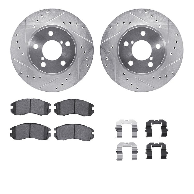 7512-13006 Drilled/Slotted Brake Rotors w/5000 Advanced Brake Pads Kit & Hardware [Silver], 1990-1996 Subaru, Position: Front
