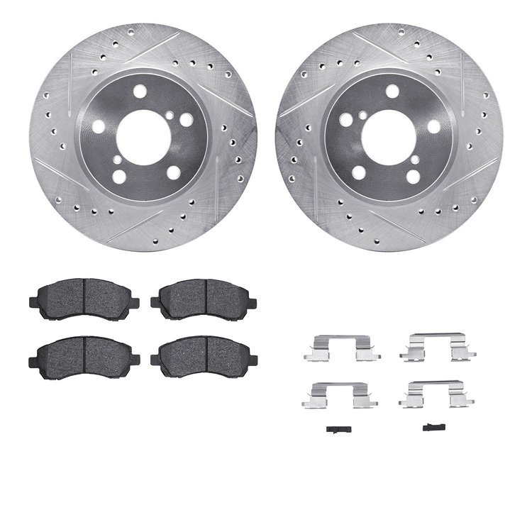 7512-13007 Drilled/Slotted Brake Rotors w/5000 Advanced Brake Pads Kit & Hardware [Silver], 1997-2001 Subaru, Position: Front