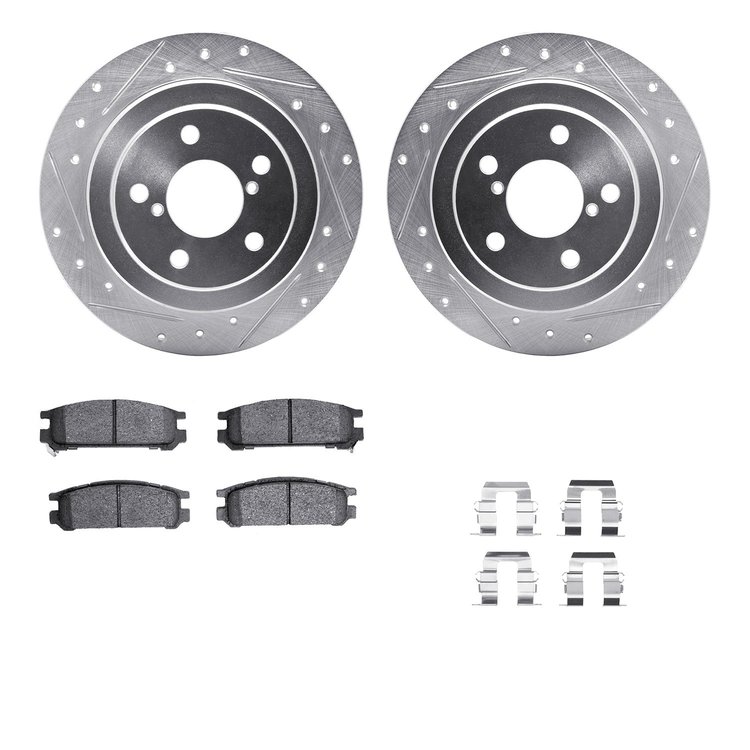 7512-13008 Drilled/Slotted Brake Rotors w/5000 Advanced Brake Pads Kit & Hardware [Silver], 1990-1999 Subaru, Position: Rear