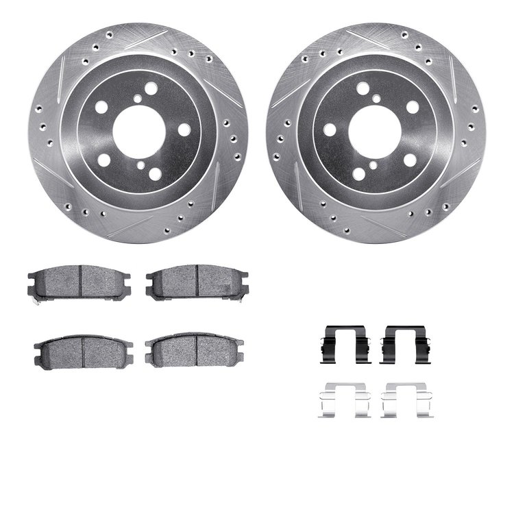 7512-13012 Drilled/Slotted Brake Rotors w/5000 Advanced Brake Pads Kit & Hardware [Silver], 1990-1994 Subaru, Position: Rear