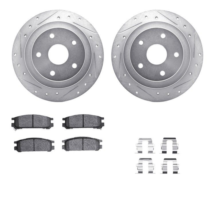 7512-13013 Drilled/Slotted Brake Rotors w/5000 Advanced Brake Pads Kit & Hardware [Silver], 1992-1997 Subaru, Position: Rear