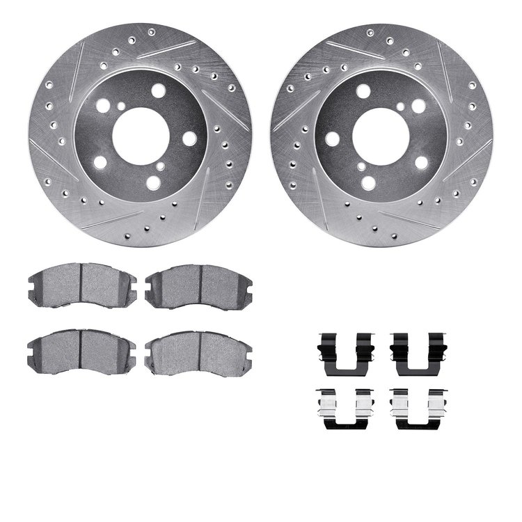 7512-13014 Drilled/Slotted Brake Rotors w/5000 Advanced Brake Pads Kit & Hardware [Silver], 1993-1996 Subaru, Position: Front