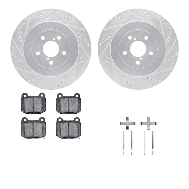 7512-13017 Drilled/Slotted Brake Rotors w/5000 Advanced Brake Pads Kit & Hardware [Silver], 2003-2004 Subaru, Position: Rear