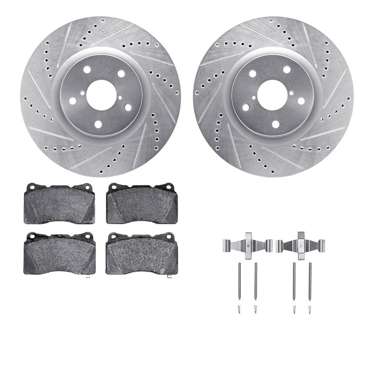7512-13019 Drilled/Slotted Brake Rotors w/5000 Advanced Brake Pads Kit & Hardware [Silver], 2005-2020 Subaru, Position: Front
