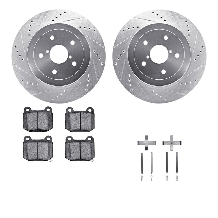 7512-13021 Drilled/Slotted Brake Rotors w/5000 Advanced Brake Pads Kit & Hardware [Silver], 2005-2007 Subaru, Position: Rear