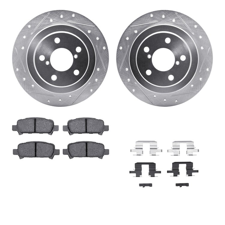 7512-13024 Drilled/Slotted Brake Rotors w/5000 Advanced Brake Pads Kit & Hardware [Silver], 1998-2003 Subaru, Position: Rear