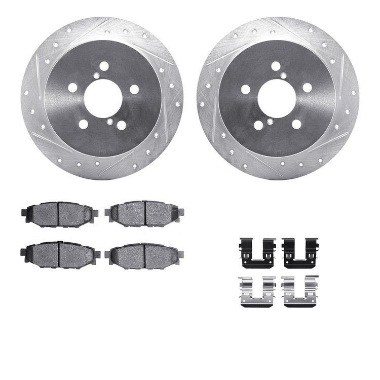 7512-13026 Drilled/Slotted Brake Rotors w/5000 Advanced Brake Pads Kit & Hardware [Silver], 2005-2009 Subaru, Position: Rear