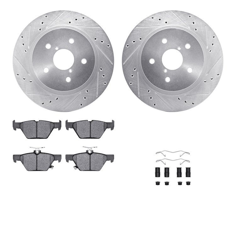7512-13039 Drilled/Slotted Brake Rotors w/5000 Advanced Brake Pads Kit & Hardware [Silver], Fits Select Subaru, Position: Rear
