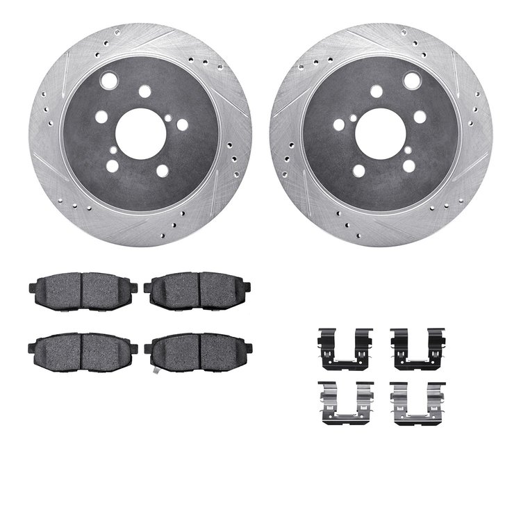 7512-13045 Drilled/Slotted Brake Rotors w/5000 Advanced Brake Pads Kit & Hardware [Silver], 2014-2018 Subaru, Position: Rear