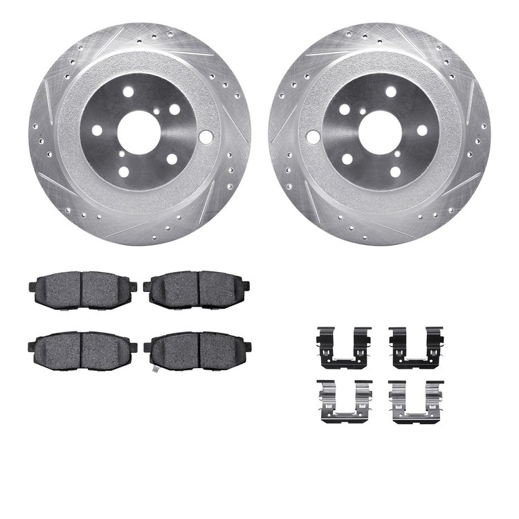 7512-13046 Drilled/Slotted Brake Rotors w/5000 Advanced Brake Pads Kit & Hardware [Silver], 2006-2014 Subaru, Position: Rear