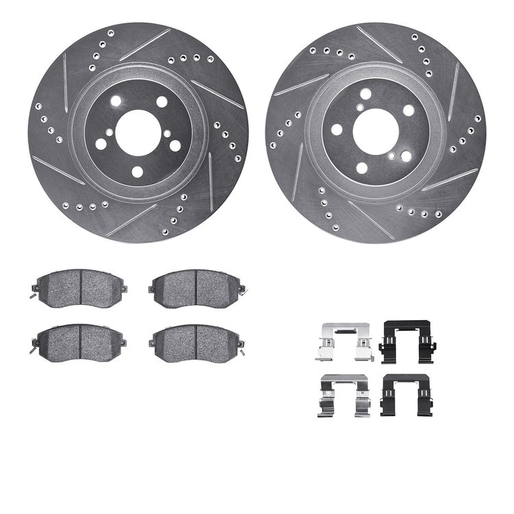 7512-13051 Drilled/Slotted Brake Rotors w/5000 Advanced Brake Pads Kit & Hardware [Silver], 2010-2020 Multiple Makes/Models, Pos
