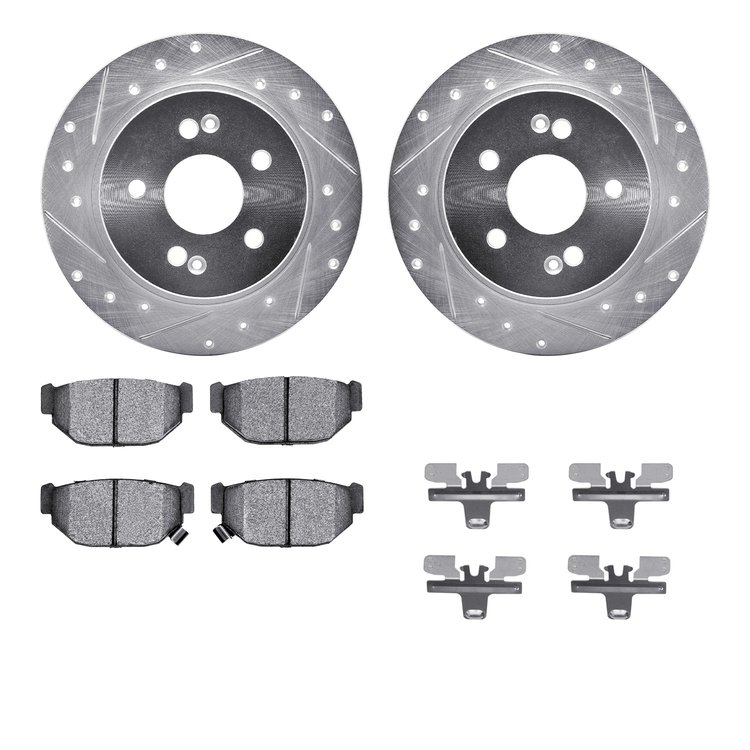 7512-13060 Drilled/Slotted Brake Rotors w/5000 Advanced Brake Pads Kit & Hardware [Silver], 1988-1991 Subaru, Position: Rear