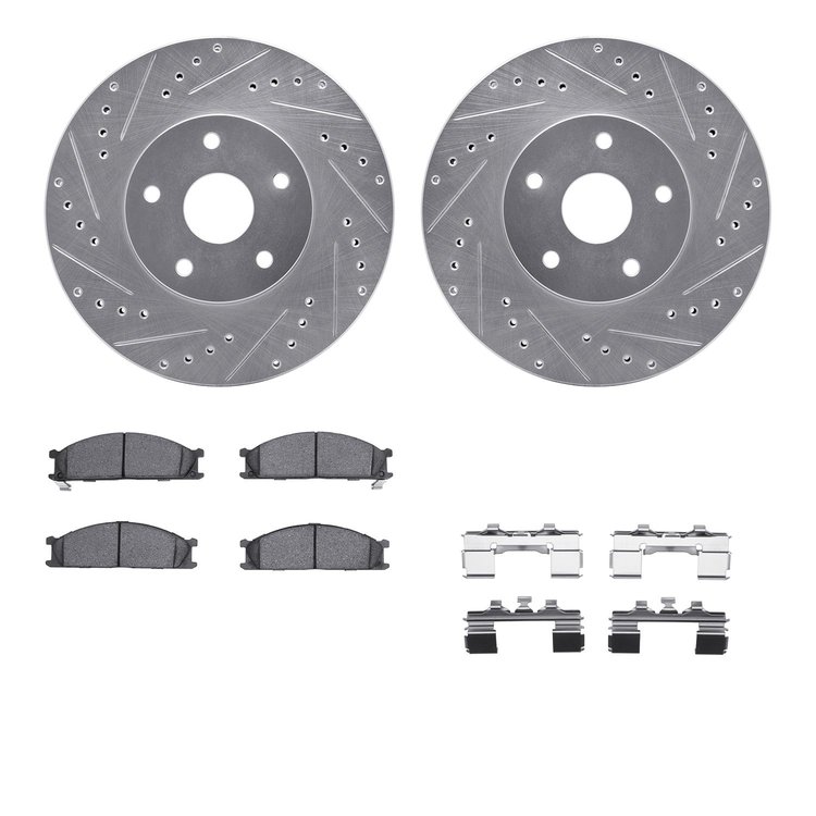 7512-13061 Drilled/Slotted Brake Rotors w/5000 Advanced Brake Pads Kit & Hardware [Silver], 1992-1997 Subaru, Position: Front