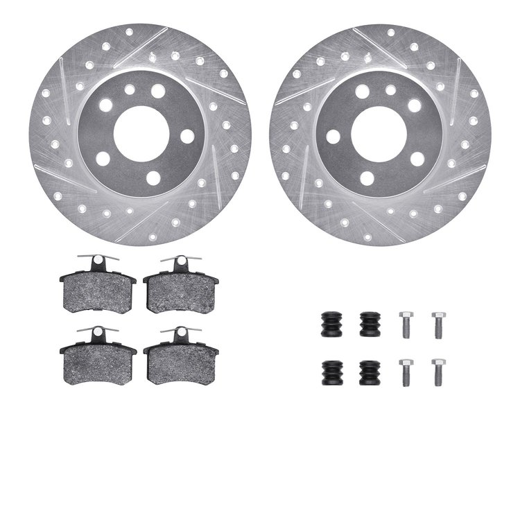 7512-16005 Drilled/Slotted Brake Rotors w/5000 Advanced Brake Pads Kit & Hardware [Silver], 1991-1995 Alfa Romeo, Position: Rear