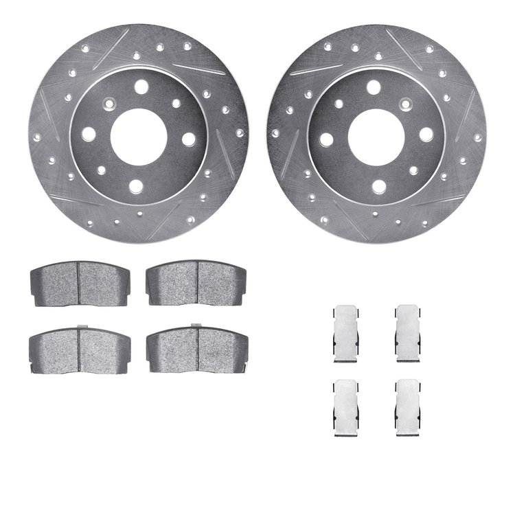 7512-19001 Drilled/Slotted Brake Rotors w/5000 Advanced Brake Pads Kit & Hardware [Silver], 1988-1992 Daihatsu, Position: Front