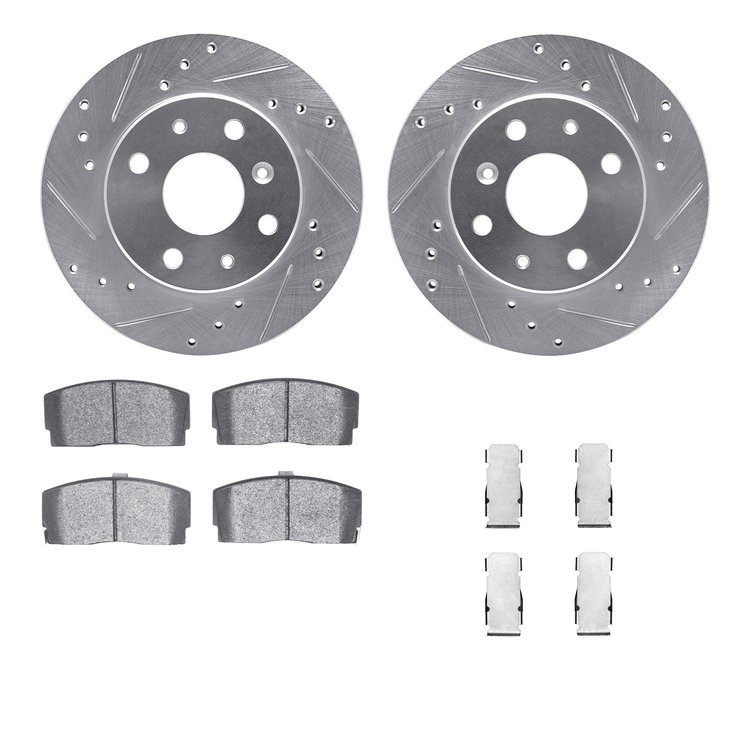 7512-19004 Drilled/Slotted Brake Rotors w/5000 Advanced Brake Pads Kit & Hardware [Silver], 1988-1992 Daihatsu, Position: Front