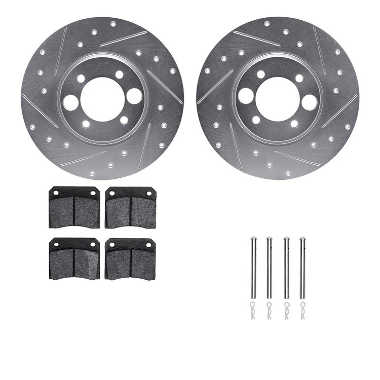 7512-20000 Drilled/Slotted Brake Rotors w/5000 Advanced Brake Pads Kit & Hardware [Silver], 1968-1970 Jaguar, Position: Rear