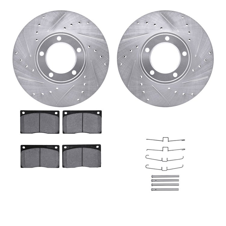 7512-20001 Drilled/Slotted Brake Rotors w/5000 Advanced Brake Pads Kit & Hardware [Silver], 1973-1997 Jaguar, Position: Front