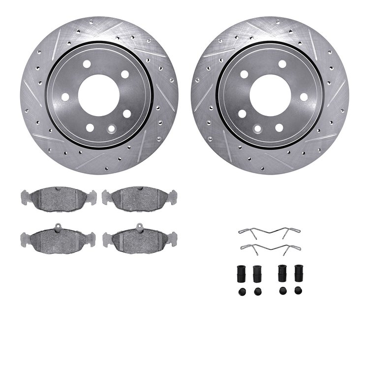 7512-20004 Drilled/Slotted Brake Rotors w/5000 Advanced Brake Pads Kit & Hardware [Silver], 1995-1997 Jaguar, Position: Rear