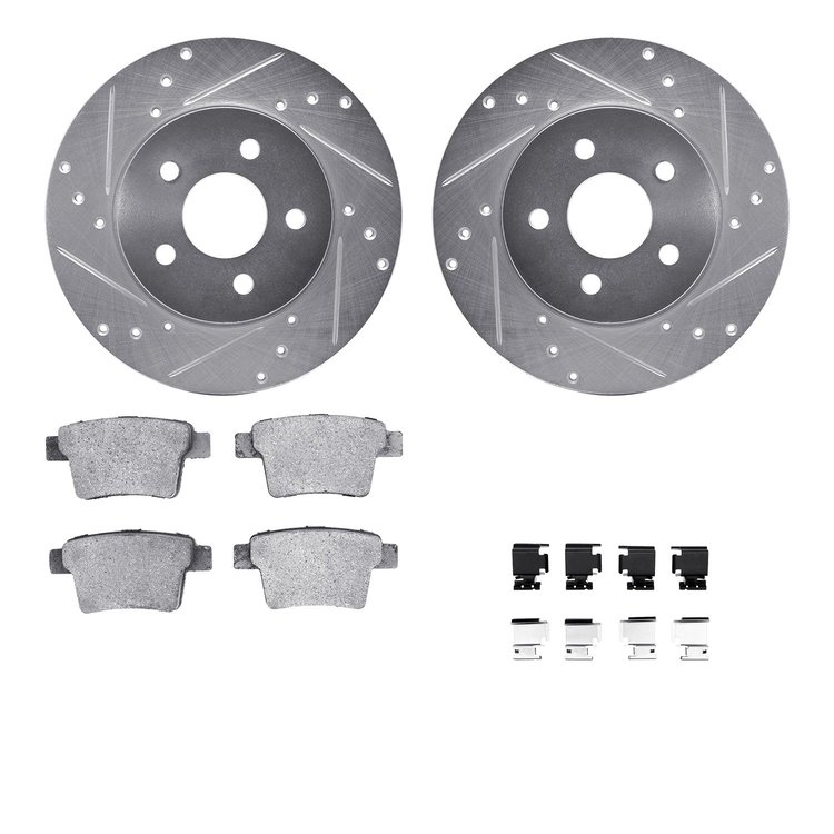 7512-20008 Drilled/Slotted Brake Rotors w/5000 Advanced Brake Pads Kit & Hardware [Silver], 2005-2008 Multiple Makes/Models, Pos