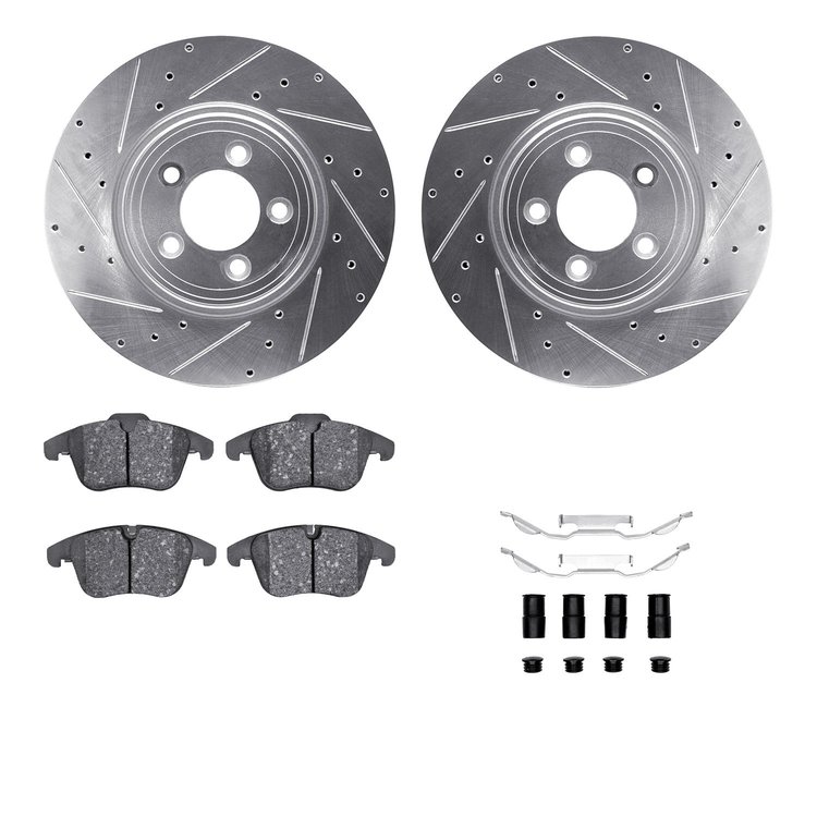 7512-20013 Drilled/Slotted Brake Rotors w/5000 Advanced Brake Pads Kit & Hardware [Silver], 2006-2010 Jaguar, Position: Front