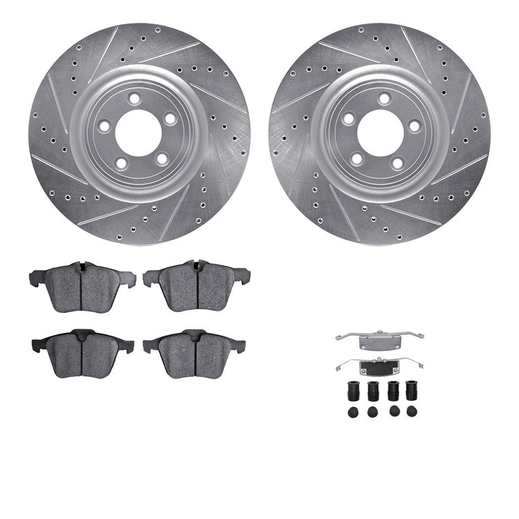 7512-20017 Drilled/Slotted Brake Rotors w/5000 Advanced Brake Pads Kit & Hardware [Silver], 2013-2019 Jaguar, Position: Front