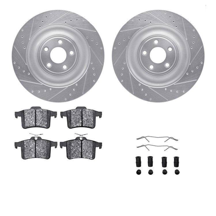 7512-20019 Drilled/Slotted Brake Rotors w/5000 Advanced Brake Pads Kit & Hardware [Silver], 2010-2017 Jaguar, Position: Rear