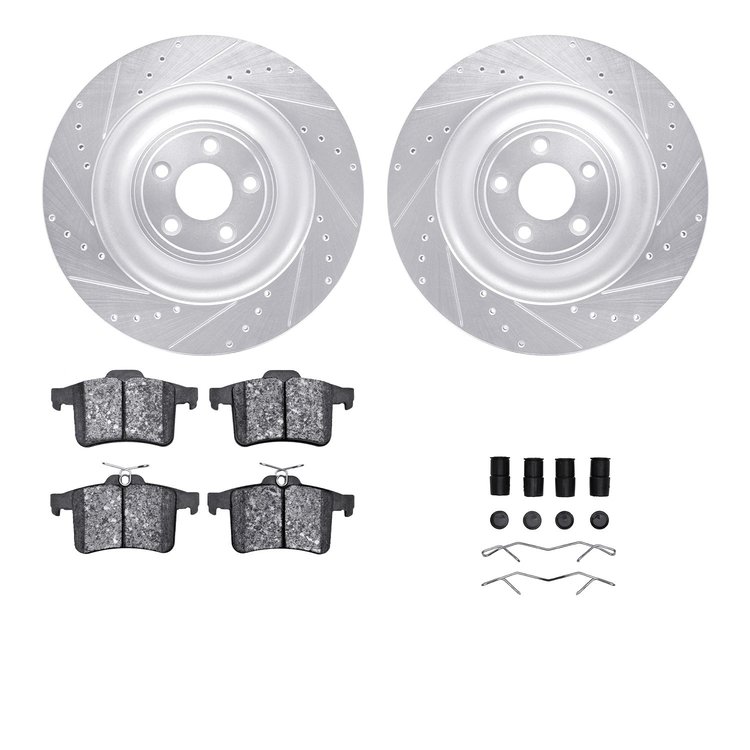 7512-20020 Drilled/Slotted Brake Rotors w/5000 Advanced Brake Pads Kit & Hardware [Silver], 2010-2015 Jaguar, Position: Rear