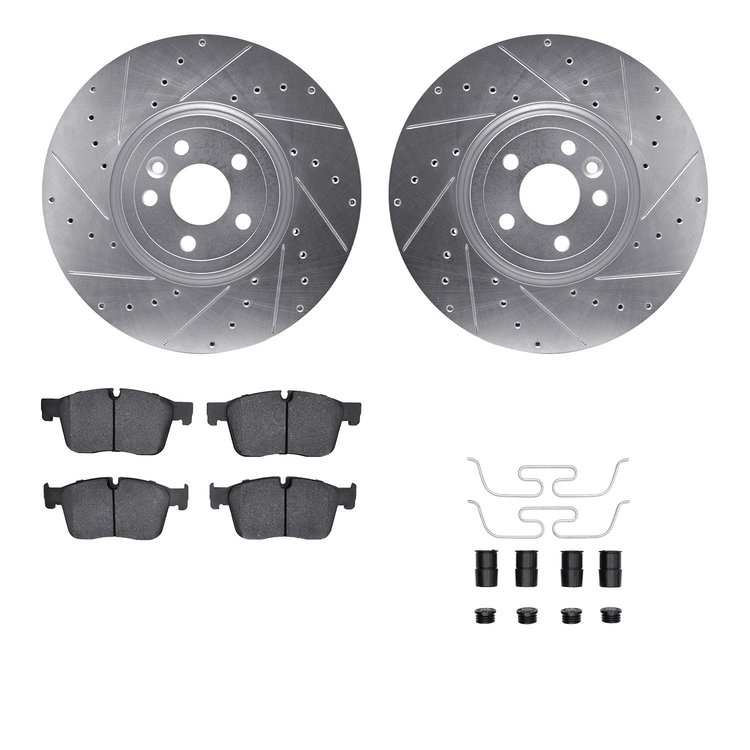 7512-20029 Drilled/Slotted Brake Rotors w/5000 Advanced Brake Pads Kit & Hardware [Silver], 2019-2020 Jaguar, Position: Front