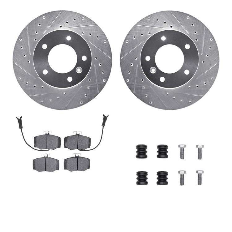 7512-20037 Drilled/Slotted Brake Rotors w/5000 Advanced Brake Pads Kit & Hardware [Silver], 1987-1989 Jaguar, Position: Front