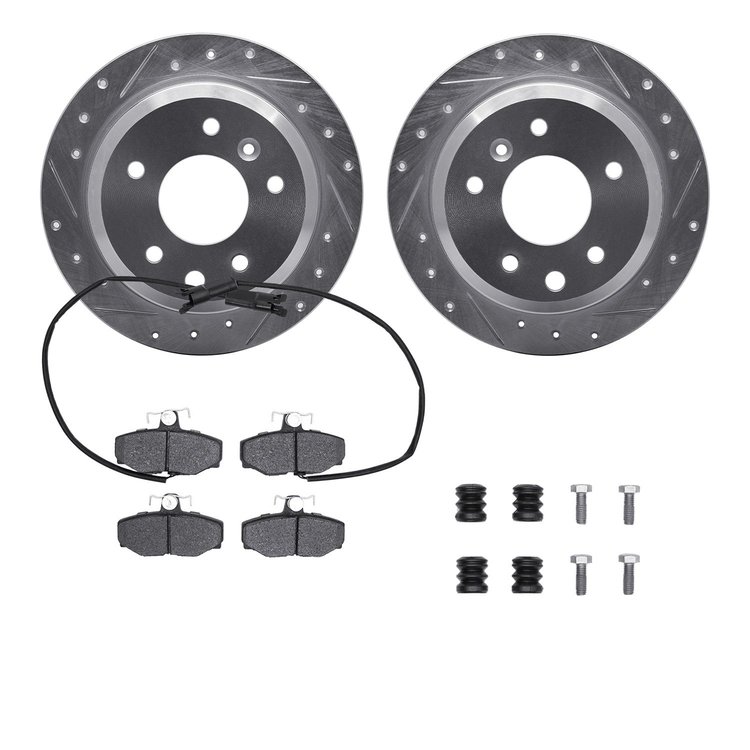 7512-20040 Drilled/Slotted Brake Rotors w/5000 Advanced Brake Pads Kit & Hardware [Silver], 1987-1989 Jaguar, Position: Rear