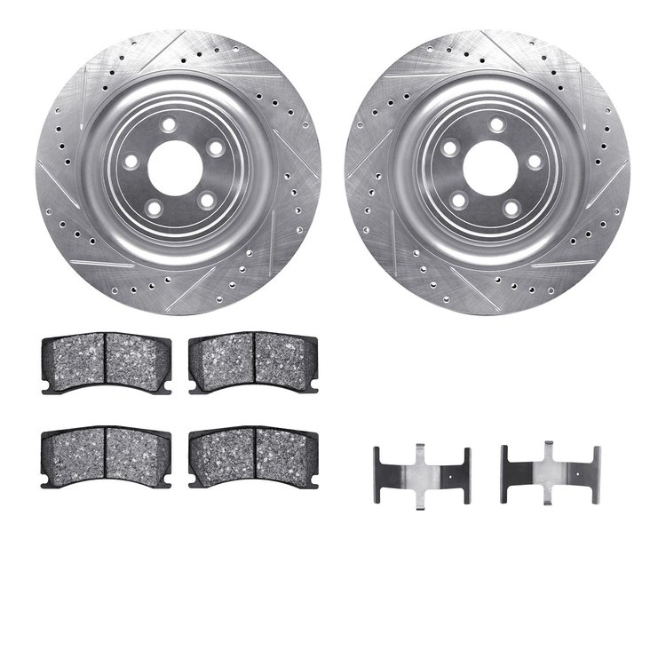 7512-20115 Drilled/Slotted Brake Rotors w/5000 Advanced Brake Pads Kit & Hardware [Silver], 2008-2009 Jaguar, Position: Rear