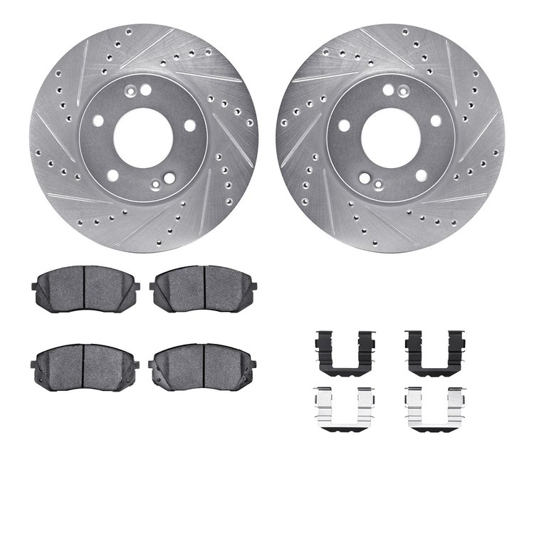 7512-21012 Drilled/Slotted Brake Rotors w/5000 Advanced Brake Pads Kit & Hardware [Silver], 2007-2010 Kia/Hyundai/Genesis, Posit