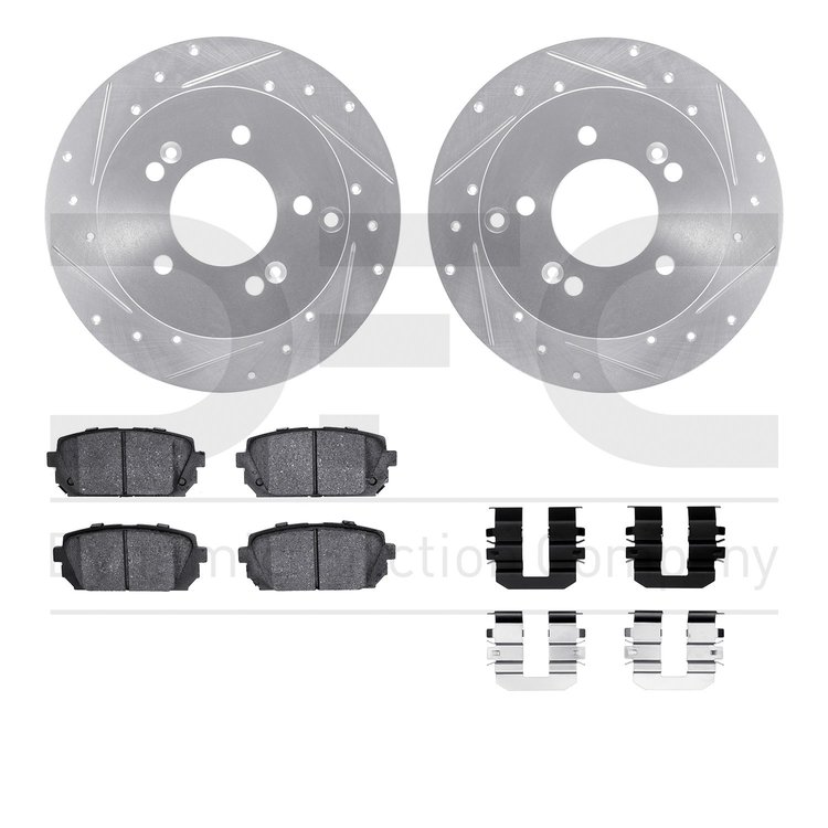 7512-21013 Drilled/Slotted Brake Rotors w/5000 Advanced Brake Pads Kit & Hardware [Silver], 2007-2012 Kia/Hyundai/Genesis, Posit