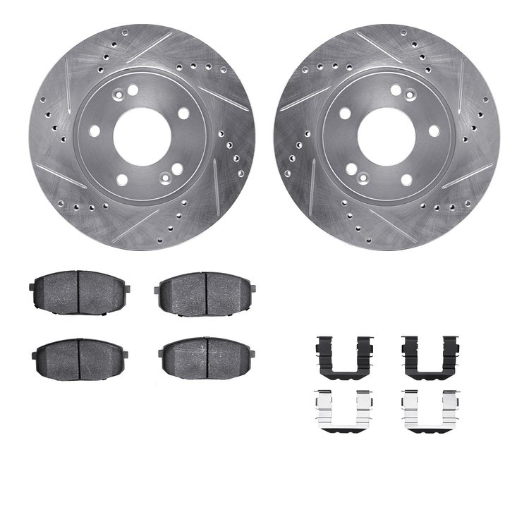 7512-21015 Drilled/Slotted Brake Rotors w/5000 Advanced Brake Pads Kit & Hardware [Silver], 2010-2013 Kia/Hyundai/Genesis, Posit