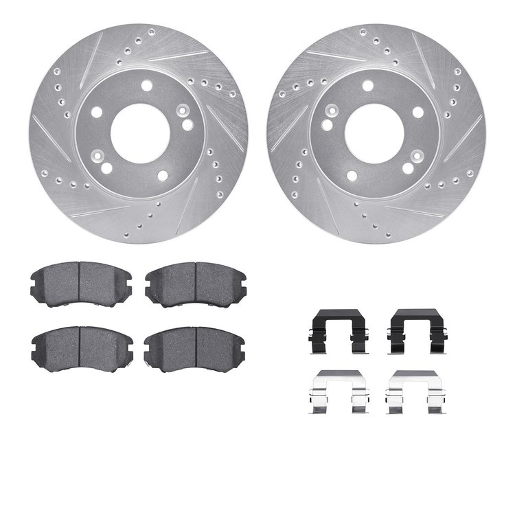 7512-21016 Drilled/Slotted Brake Rotors w/5000 Advanced Brake Pads Kit & Hardware [Silver], 2010-2011 Kia/Hyundai/Genesis, Posit