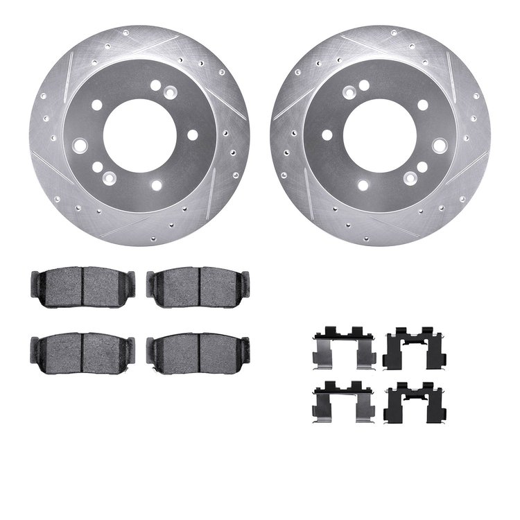7512-21019 Drilled/Slotted Brake Rotors w/5000 Advanced Brake Pads Kit & Hardware [Silver], 2003-2006 Kia/Hyundai/Genesis, Posit