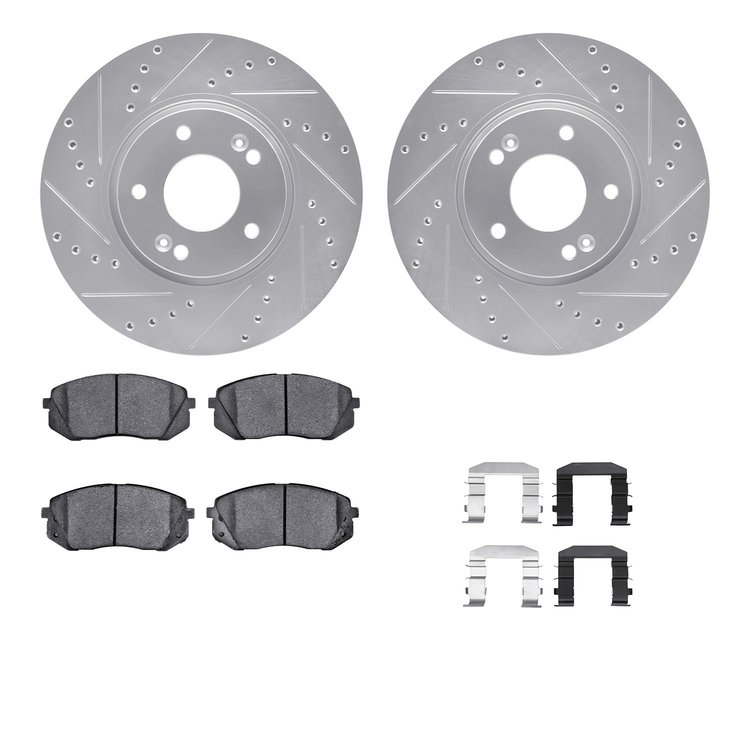 7512-21025 Drilled/Slotted Brake Rotors w/5000 Advanced Brake Pads Kit & Hardware [Silver], 2012-2016 Kia/Hyundai/Genesis, Posit