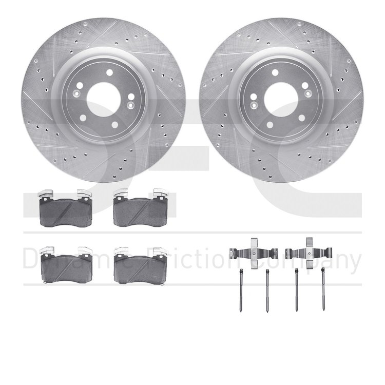 7512-21046 Drilled/Slotted Brake Rotors w/5000 Advanced Brake Pads Kit & Hardware [Silver], Fits Select Kia/Hyundai/Genesis, Pos