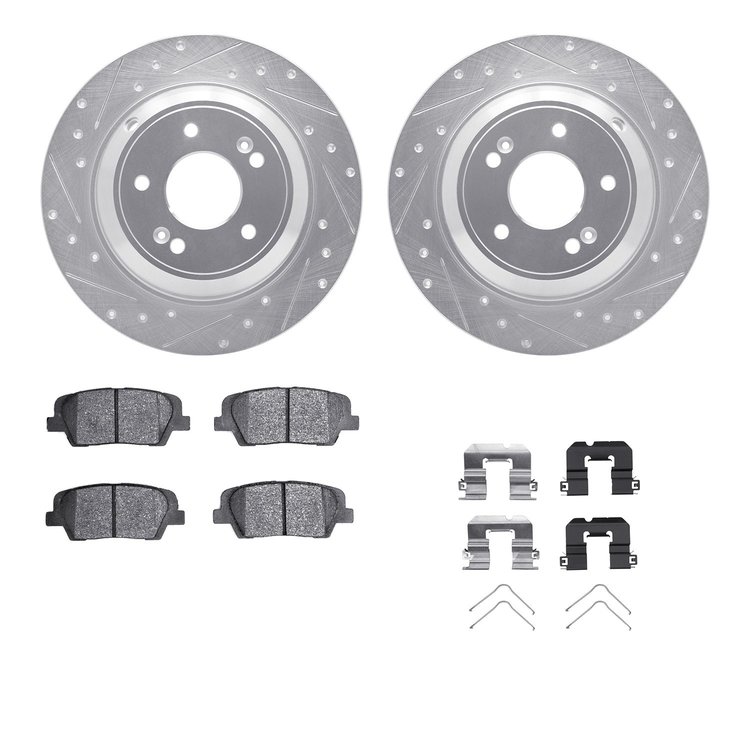 7512-21050 Drilled/Slotted Brake Rotors w/5000 Advanced Brake Pads Kit & Hardware [Silver], Fits Select Kia/Hyundai/Genesis, Pos