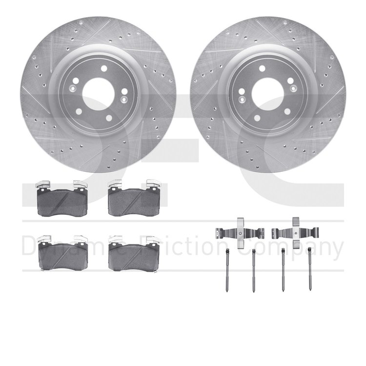 7512-21054 Drilled/Slotted Brake Rotors w/5000 Advanced Brake Pads Kit & Hardware [Silver], Fits Select Kia/Hyundai/Genesis, Pos