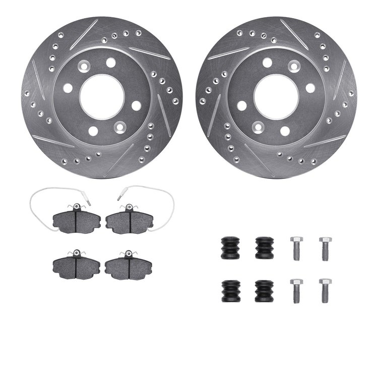 7512-23007 Drilled/Slotted Brake Rotors w/5000 Advanced Brake Pads Kit & Hardware [Silver], 1984-1985 Renault, Position: Front