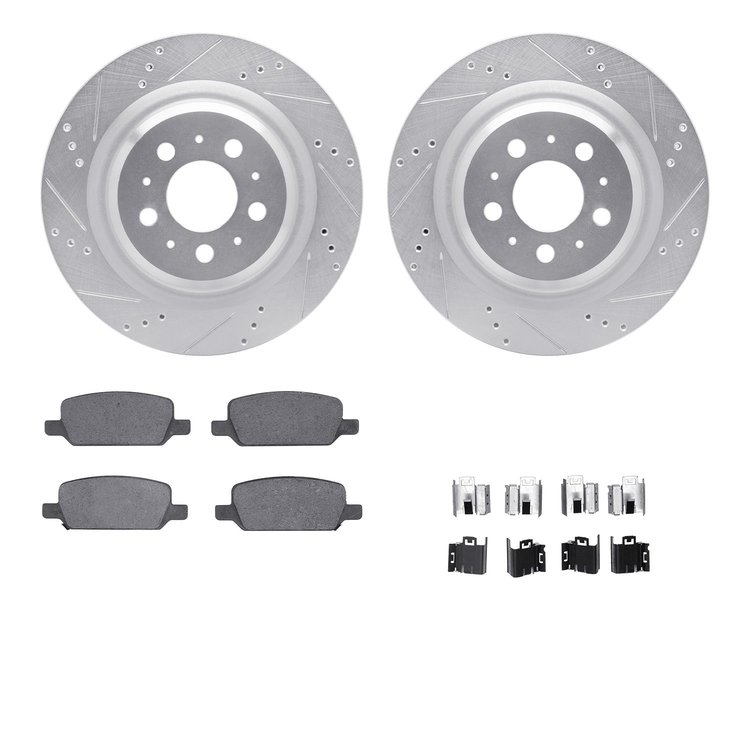 7512-26004 Drilled/Slotted Brake Rotors w/5000 Advanced Brake Pads Kit & Hardware [Silver], Fits Select Tesla, Position: Rear