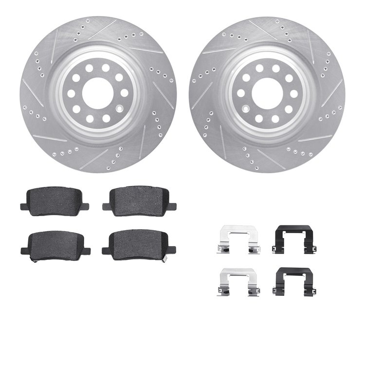 7512-26022 Drilled/Slotted Brake Rotors w/5000 Advanced Brake Pads Kit & Hardware [Silver], 2017-2021 Tesla, Position: Rear