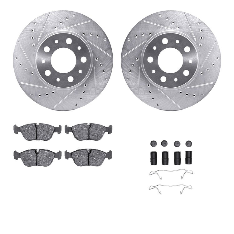 7512-27022 Drilled/Slotted Brake Rotors w/5000 Advanced Brake Pads Kit & Hardware [Silver], 1996-2000 Volvo, Position: Front